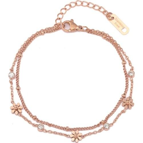 316L Stainless Steel Elegant 2 Layer Zircon Daisy Flowers Chain Bracelets For Women Fashion Trend Fine Jewelry Gift SAB297