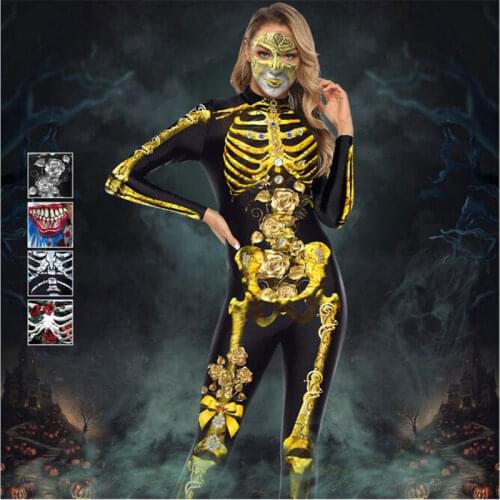 Ataullah 3D Print Scary Skeleton Costume Jumpsuit Halloween Costumes For Women Mechanical Skull Bone Elastic Bodysuit DW008