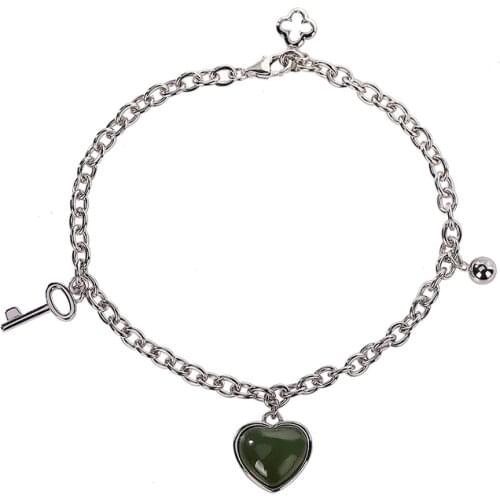 Baifuming s925 sterling silver natural Hetian gray jade bracelet graceful personality heart key ladies bracelet