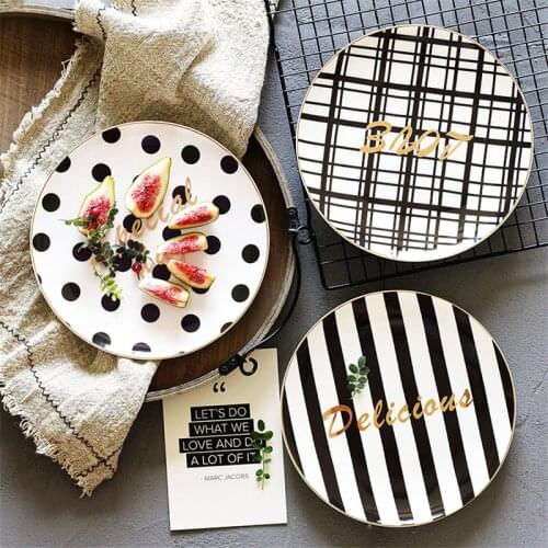 Nordic Black White Breakfast Dessert Dish Fruit Dishes 8 Inch Flat Plate Jewelry Storage Tray Stripe Geometric Figure Love Gift