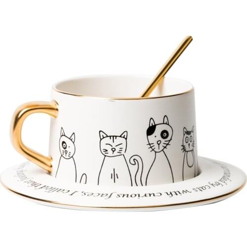Cute Cat Ceramics Coffee Cups Cartoon Mugs With Tray Spoon Creative Drinkware Water Tea Cups Milk Cup Drinkware White Black