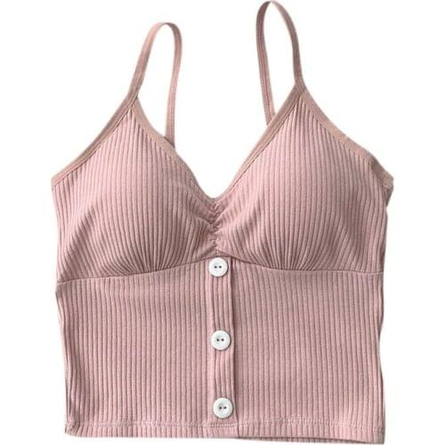 Women V-neck Sexy Tank Thin Threaded Knitted Cotton Women Camisole Summer Button Removable Chest Pad Underwear