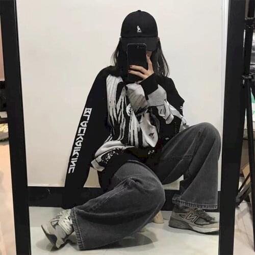 National Tide Graffiti Two-dimensional Animation Pullover Men Women Couple Loose T-shirt Long Sleeve Oversized Jacket 50% Cotton