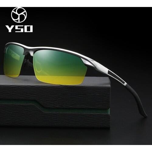 YSO Sunglasses Men Polarized UV400 Aluminium Magnesium Frame HD Night Vision Driving Glasses Semi Rimless Accessory For Men 8529