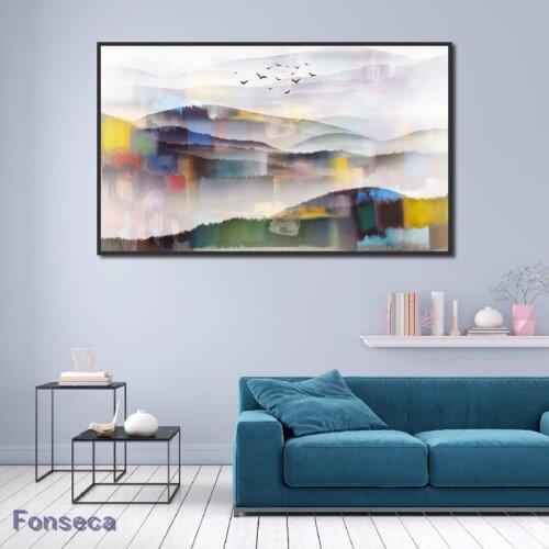 New Chinese-Style Ink Canvas Painting of Mountains Rivers Clouds Mists Distant Landscape Poster Sofa Background Wall Pictures
