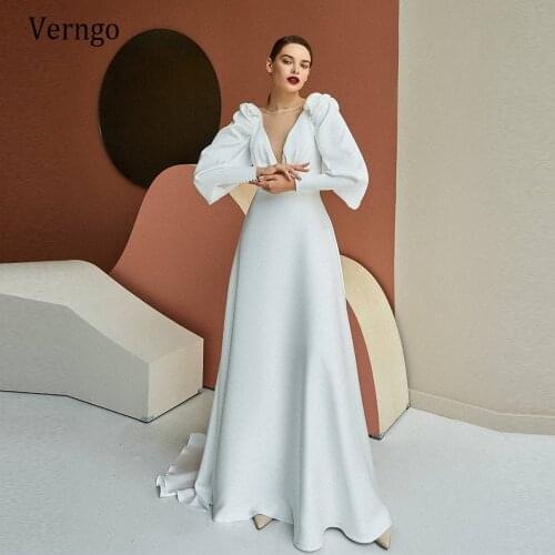 Verngo Simple 2021 Soft Satin Wedding Dress Long Sleeves Jewel Neck Buttons Back A Line Bride Gowns Modern Formal Party Dresses