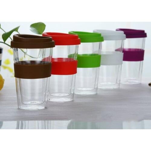 400ml Transparent Coffee Cup with Silicone Cover Thick Double Glass Travel Coffee Mug Travel Mug with Lid Modern