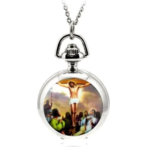Retro Pocket Watch Enamel Jesu Pattern Pocket Watch Quartz Movement Clock Necklace Pocket & Fob Watch Pendant Sweater Chain Gift