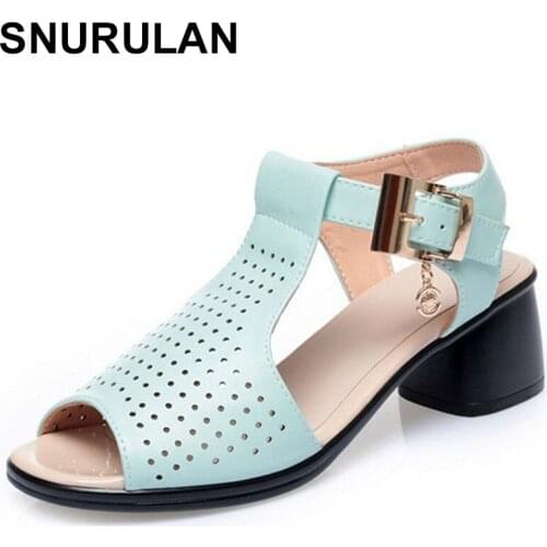 SNURULAN New Fish Mouth Hollow Genuine Leather Sandals Woman Shoes Fashion Sandals Summer Shoes Women High Heel Sandals PlusSize