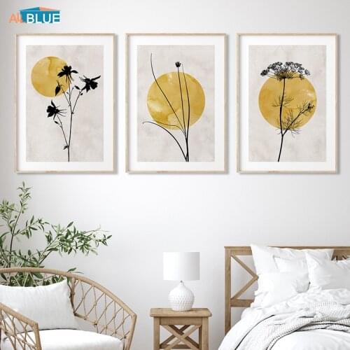 Modern Poster Golden Sun Canvas Abstract Plant Silhouette Wall Art Print Painting Minimalist Artwork Gallery Decorative Pictures