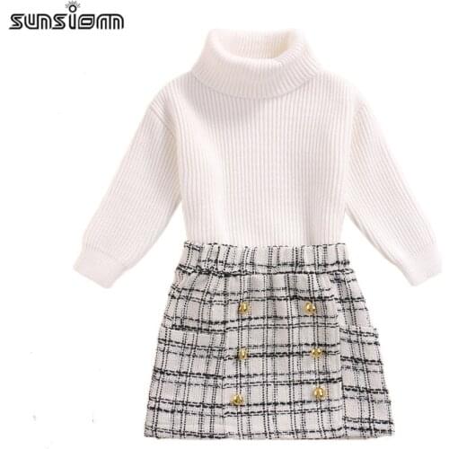 SUNSIOM Girls Clothes Autumn Winter Casual Outfits Solid Color Long Sleeve Turtleneck Knitted Sweater + Plaid Skirt with Buttons