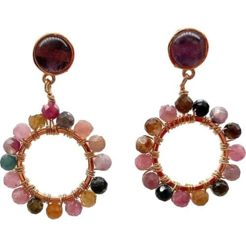 YYGEM cute style natural Rainbow Tourmaline circle Gold filled hoop Amethyst Stud Earrings For Women Girls Gift