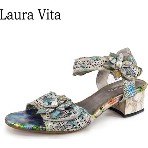 Laura Vita Sandals Women 2020 Retro Genuine Leather Sandals Flowers Pattern Comfortable Sandals Summer Shoes HUCBIO 05