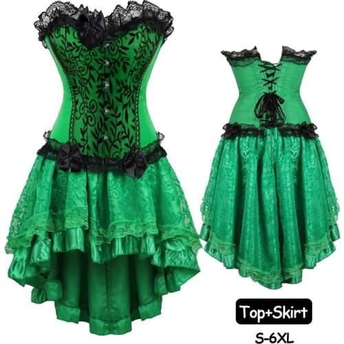 Women Green Corset Dress Set Burlesque Vintage Bow Lace Up Corsets and Bustiers Steampunk Skirt Cosplay Costume Plus Size 6XL
