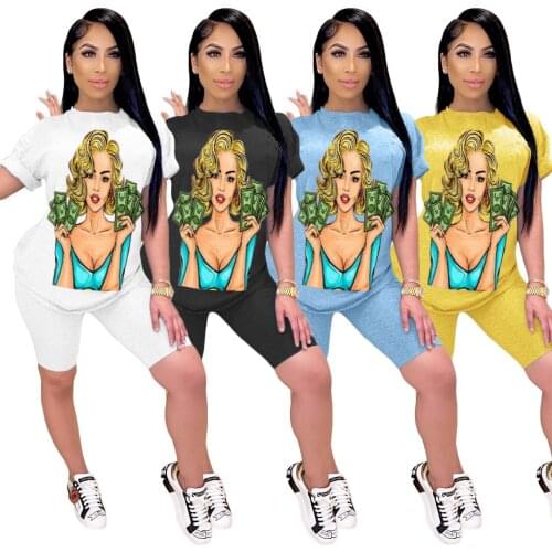 Two-piece ladies, summer short-sleeved womens fashion personality trend casual summer chest print sports suit