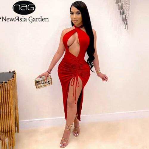 NewAsia Halter Red Dress Cut out Backless Drawstring Split Slim Fit Maxi Dresses for Women Summer Robe Sexy Party Casual Vestido
