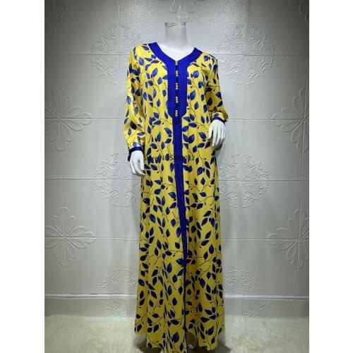 Arabic Abaya Jalabiya Maxi Dress for Women Ethnic Braid Trim Moroccan Kaftan Islamic Duai Turkey Muslim Loose Robe Yellow