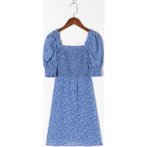 Summer Womens Casual Printed Square Collar Short Sleeve Slim Dress