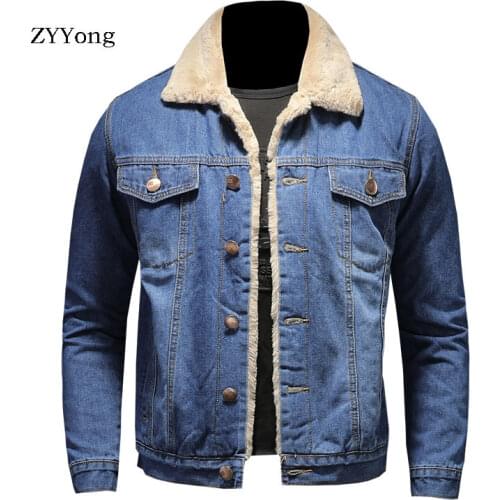 Winter Plus Velvet Thicken Keep Warm Bomber Pilot Blue Denim Jacket Men Jeans Coat Motorcycle Casual Outwear Clothing