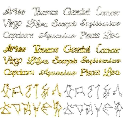48Pcs Constellation Gold Zodiac Sign Words Charms Pendants Bezel Filling English Letter UV Seal Clay DIY Fitting Jewelry Making