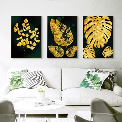 Botanical Minimalist Golden Leaves Modern Canvas Painting Wall Art Nordic Posters and Prints Wall Pictures for Living Room Decor