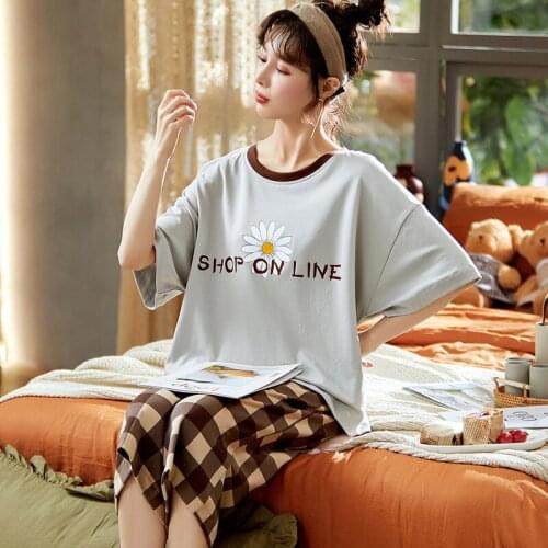 Calf-Length Pants Sleep Tops Womens pajamas Set Cotton Korean Style Plus Size Sleepwear Female Girl pijama underwear summer new