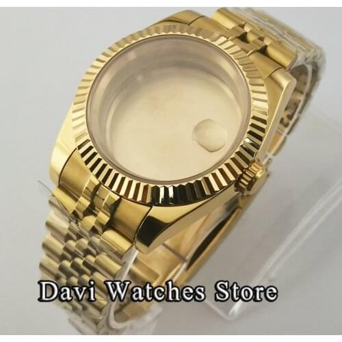 New 40mm Sterile Full Yellow Gold Watch Case Sapphire Glass Steel Jubilee Datejust Ring Fit NH35 NH36 Automatic Movement