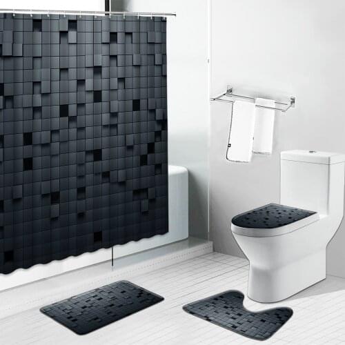 Geometry Black Shower Curtains Bath Mat Morocco Classic Bathroom Decor Bathing Screen Non-Slip Rug Toilet Lid Cover Carpet Set