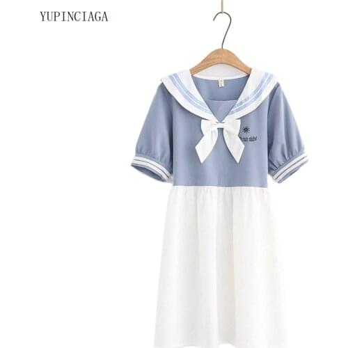 Cotton Dress Mori Girl Style Summer 2021 New Patchwork Sailor Collar Sweet Student Short Sleeve Dresses female Vestidos 2117225