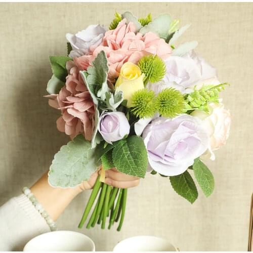 Simulation Rose With Grass Bouquet Artificial Silk Flowers Wedding For Bride Bouquet Home Decoration Roses Fake Flower Wreath