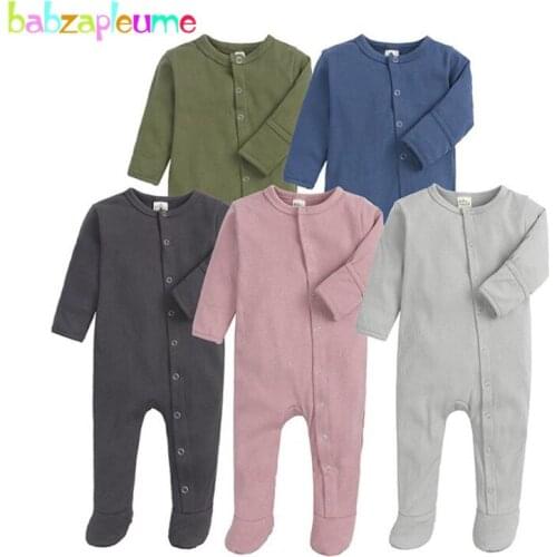 Spring Fall Newborn Baby Clothes Solid Long Sleeve Cotton Wrap Foot One Piece Jumpsuit Boys Girl Rompers Toddler Clothing 1987-1