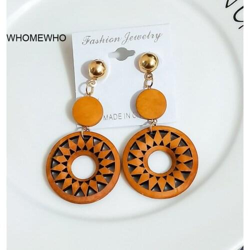 Brown Natural Woold Laser Cut Flower Round Handmade Tribal Earrings Vintage Wooden African Party Club DIY Jewelry