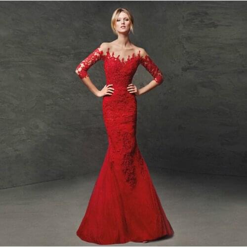 Beauty-Emily Red Lace Mermaid Evening Dresses For Wedding 2020 Formal Party Gowns Open Back Sexy Woman Dress vestidos de fiesta