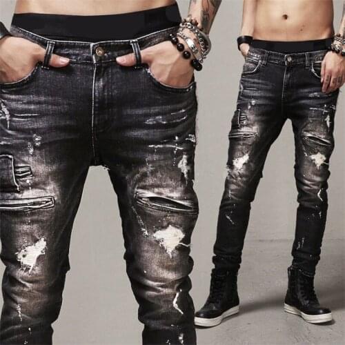Summer new Europe and America Multi Pocket zipper Biker jeans locomotive Slim Fit Jeans Mens pants
