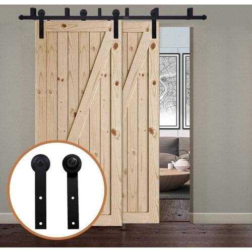 LWZH America Style Black Steel I- Shaped Rollers Track Rail Bypass Sliding Barn Door Hardware Kit for Bypass Barn Double Door