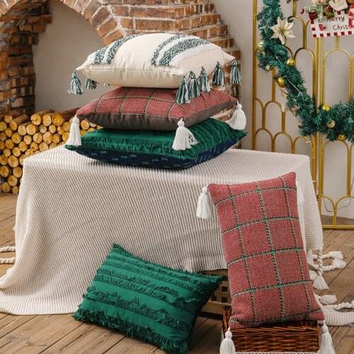 Moroccan style checked pillow cover bohemian tufted tassel pillow cover for backrest