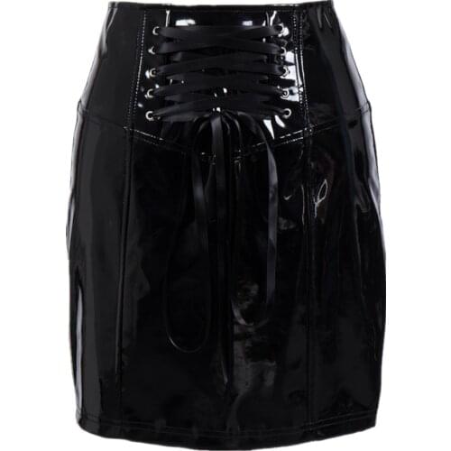 Plus Size S-XXXL Hot Sexy Black Lace Up Zipper PVC Latex Mini Skirt Faux Leather Vinyl Latex Skirt Clubwear
