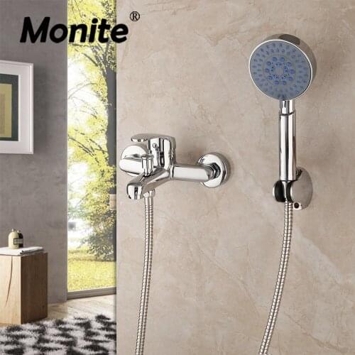 Monite Chrome Bathtub Shower Set Wall Mounted Rain Square Shower Head Shower Set W/ Hand Shower Set Faucets