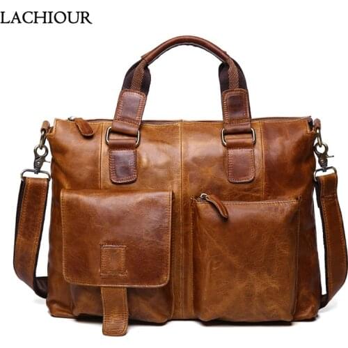 LACHIOUR Business Office Handag Men Real CRAZY HORSE Genuine Leather Messenger Bag Male Ducument Travel Laptop Shoulder Bag