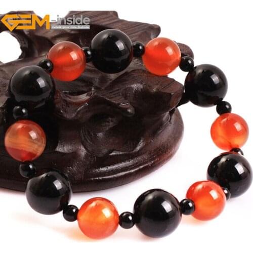 Gem-inside Natural Round Smooth Black Red Agates elastic mala bracelet jewelry for For Man Woman Selectable Size DIY Jewellery