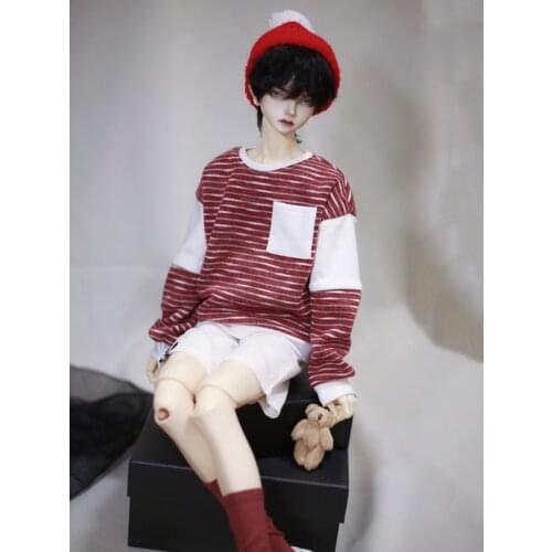 New BJD Doll Clothes Stripes Long-sleeved T-shirt Patchwork Pattern Knit Hoodie Tops Red Black for 1/3 1/4 Uncle Accessories