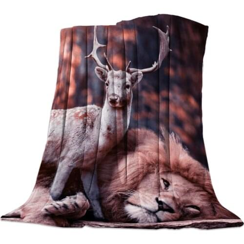 Lion Reindeer Forest Throw Blanket Portable Soft Blanket for Sofa Microfiber Flannel Blankets for Beds