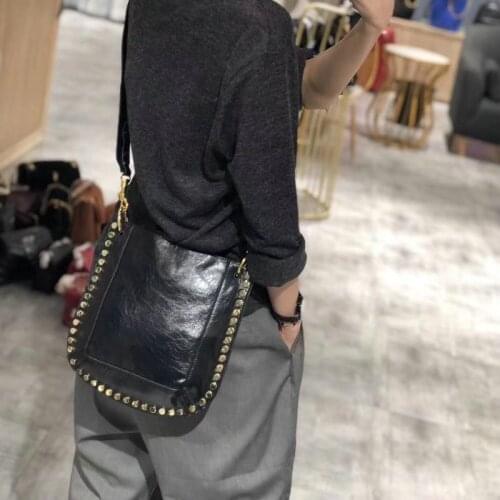 OLN Designer Women Crossbody Bag Casual High Street Cowhide Genuine Leather Shoulder Bags Rivets Studded Pouch Handbag 2021 New