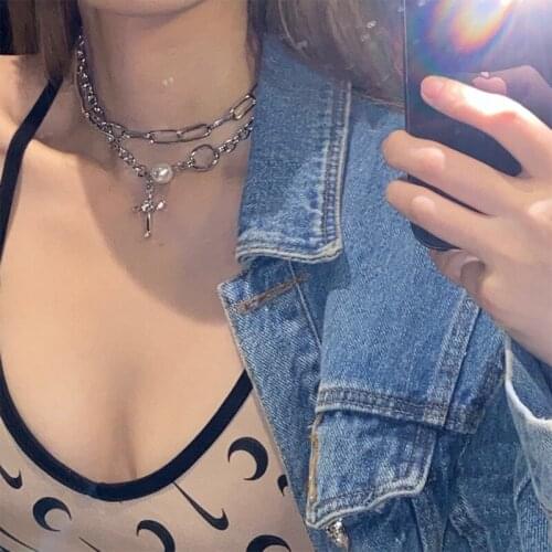 Necklace for Women Crystal Cross Pearl Clavicle Chain Hip-hop Fashion Pendant Necklace Jewelry Accessories Wholesale