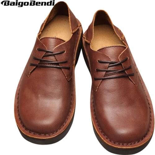 Recommend ! Retro Full Grain Leather Men Round Toe Casual Shoes Leisure Man Lace Up Soft Oxfords Four Season