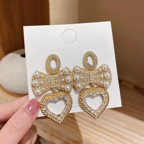 Luxury Full Rhinestone Pearl Heart Earrings For Women Wedding Party Statement Vintage Earrings Fashion Jewelry