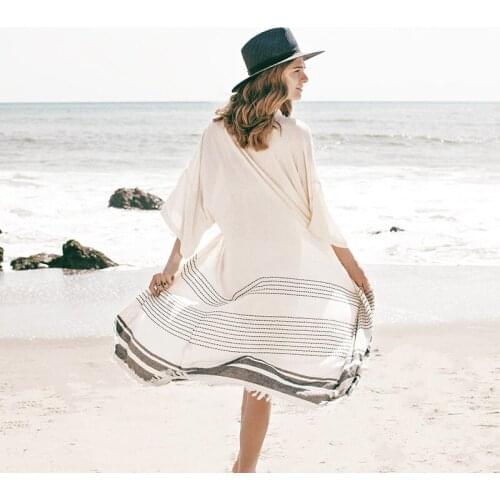 Stripe Print Sexy Sunscreen Sweater Cardigan for Women 2021 Summer Long Sleeved Beach Blouse Swim Suit Cover Up