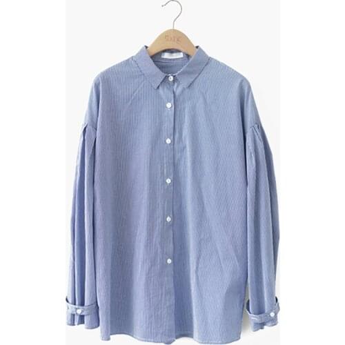 PERHAPS U Puff Sleeve Long Sleeve Turn Down Collar Blue Striped Shirt Women Pleat B0149