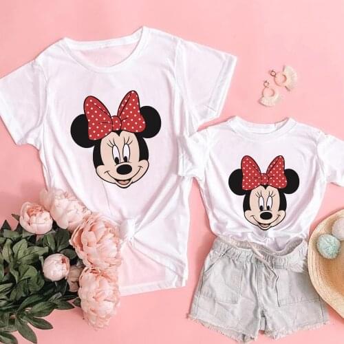 Women T Shirts Fashion Minnie Mouse Print Short Sleeve Summer T-Shirt Children Top Baby Girl Kids Casual Family Matching Clothes