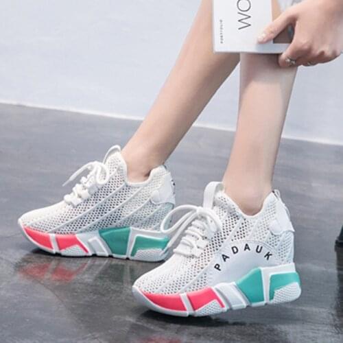 2020 Summer fashion breathable Women Sneakers Mesh Casual Platform Trainers Shoes 8CM Heels Shoes Female lace-up Cutout Shoes